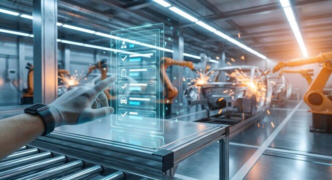 Smart factory interface with robotic arms assembling vehicles, industry 4.0, automation, and data analysis. - Powered by Adobe