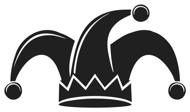 Stylized jester hat illustration with peaks and bells, black and white comical fool costume, masquerade apparel symbol