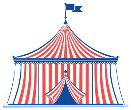 Illustration of a red, white, and blue striped circus tent with a flag.