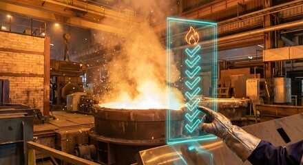 Molten metal pouring in industrial foundry with futuristic data overlay, steel production concept.
