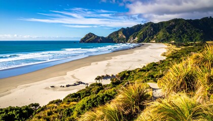Sunny beach scene with lush greenery