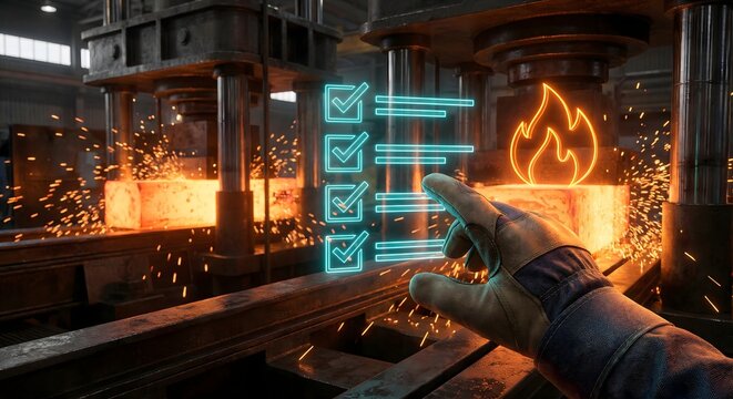 Industrial quality control concept with glowing checklist and hot metal forging process in factory. - Powered by Adobe