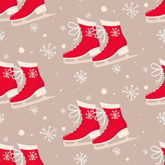 Red skates with a snowflake. Seamless pattern.