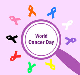Banner for World Cancer Day with multi-colored ribbons symbolizing different types of cancer and a magnifying glass symbolizing cancer diagnosis