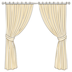 Hand drawn illustration of elegant beige curtains tied back on a curtain rod