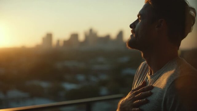 Sunset Contemplation: A man stands bathed in the warm light of the setting sun, taking in a breath of fresh air and viewing the city skyline, a moment of introspection and tranquility.