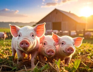 Three piglets in a field at sunset