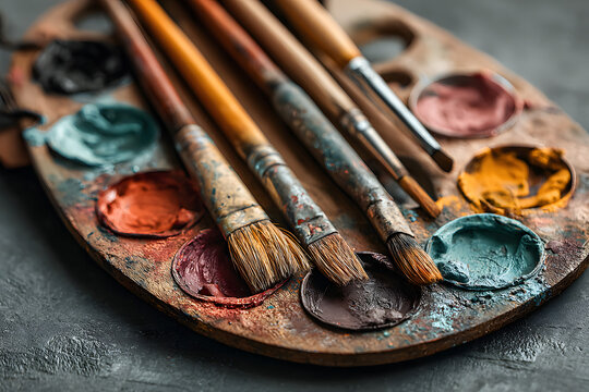 A vibrant and inspiring flat lay of a colorful paint palette with brushes and a blank canvas all on a moody dark background