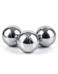 Three polished metal balls arranged in a gentle arc