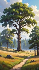 Sunny forest path, towering tree