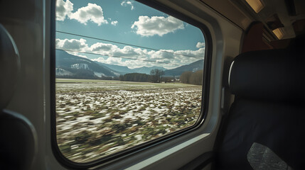 a train turns right, viewed from the passenger seat window with a breathtaking European spring scenery, featuring distant mountains and lush green grass covered with a layer of snow