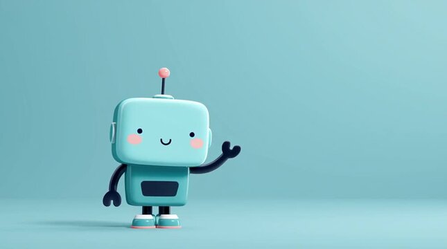 Cute flat robot character waving in a modern minimal style with pastel palette, large background copy space for messaging, ideal for tech branding, ads, UI and 4K visuals.
