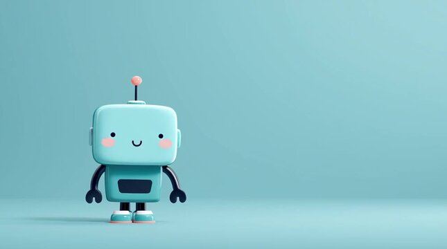 Cute flat robot character waving in a modern minimal style with pastel palette, large background copy space for messaging, ideal for tech branding, ads, UI and 4K visuals.
