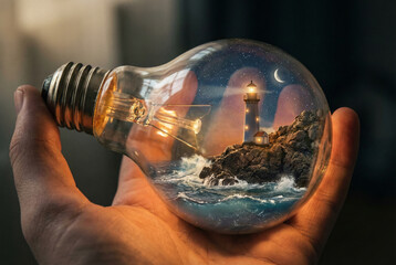 Light bulb containing lighthouse and ocean scene held in hand, representing creativity, inspiration, innovation and guiding ideas 