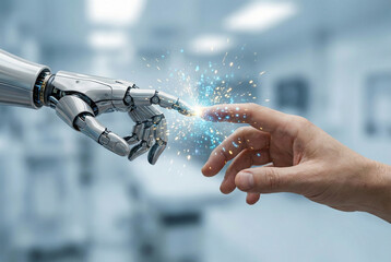 Robot hand touching human finger with sparks of light, symbolizing artificial intelligence collaboration and human-robot partnership 