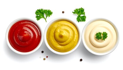 Three small bowls of condiments