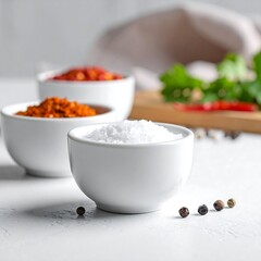 Three small white bowls of spices on a light surface