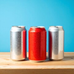 Three soda cans on a wooden surface against a blue background