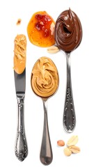 Three spoons filled with different nut butters and a condiment
