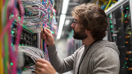 Data Center Technician: A focused technician diligently works amidst a complex network of cables and servers, symbolizing the crucial role of data management and technological infrastructure.