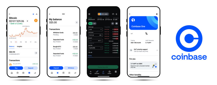 Coinbase cryptocurrency trading interface and digital wallet app UI, crypto exchange platform screens
Bitcoin price chart, balance overview, transactions and blockchain finance dashboard mobile design