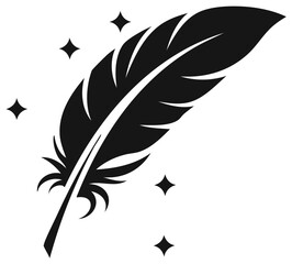 Obraz premium Black feather and stars, a symbol of writing, with a classic style on a white surface