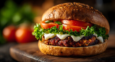 Delicious 100 percent plant based burger on wheat bun with fresh lettuce for vegan lifestyle