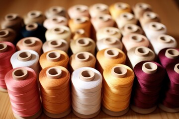Spools of colorful thread arranged on a wooden table, ready for sewing and crafting projects