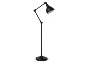 Black adjustable industrial style floor lamp providing ambient lighting for modern minimalist interior design