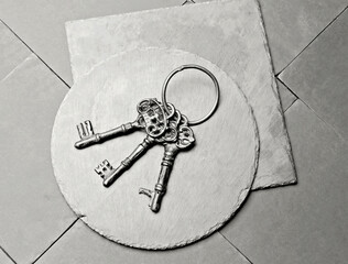 Bunch of old keys on plates. Objects on Gray background. Concept photo. Demonstrating color of 2026 year, Cloud, Dancer