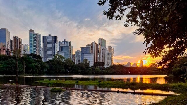 View of the Igap&oacute; Lake bridge at sunset with the buildings of the Gleba Palhano in the background. Golden Hour