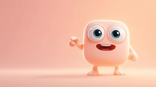 Cute stylized cartoon character pointing toward the center of the screen, blinking eyes with a smooth looping gesture on a clean pastel background, ideal for UI, ads and friendly CTA visuals.
