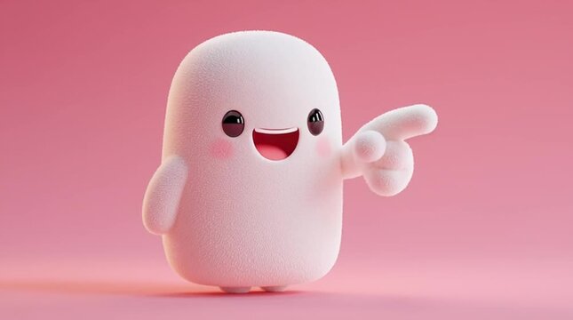 Cute stylized cartoon character pointing toward the center of the screen, blinking eyes with a smooth looping gesture on a clean pastel background, ideal for UI, ads and friendly CTA visuals.
