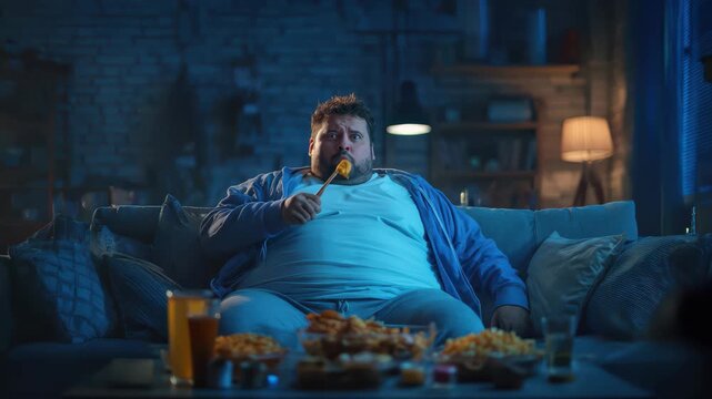 Greedy obese man indulging in junk food while sitting comfortably on a couch in a dimly lit living room during the evening