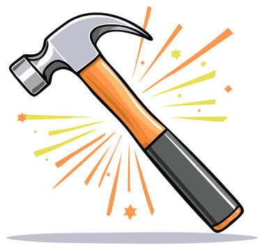 Shiny Cartoon Claw Hammer Illustrating Construction and Carpentry Tool with Sparkles  and Radial Energy Rays
