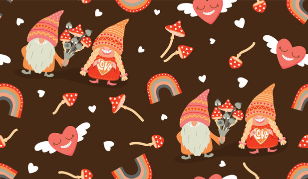 Love-themed seamless pattern with funny couple gnomes, fly agaric mushrooms, hearts and rainbow. Cartoon male and female characters in pink, red, yellow colors on brown background. Vector design.