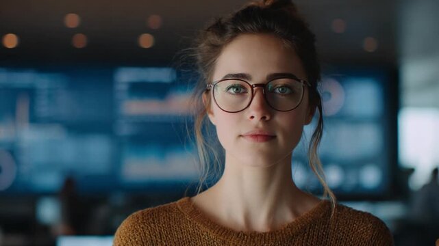 Smart Professional's Confident Gaze: An intelligent woman with spectacles stands confidently, embodying the essence of modern professionalism and determination in her focused expression.