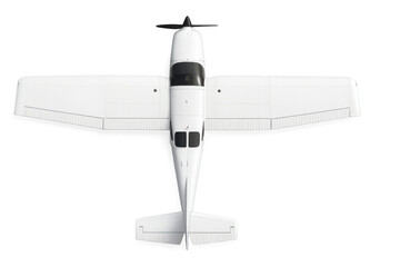 White single engine propeller airplane with a black propeller and windows flying, top down view, transparent background