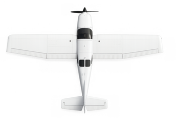 White single engine propeller airplane with a black propeller and windows flying, top down view, transparent background