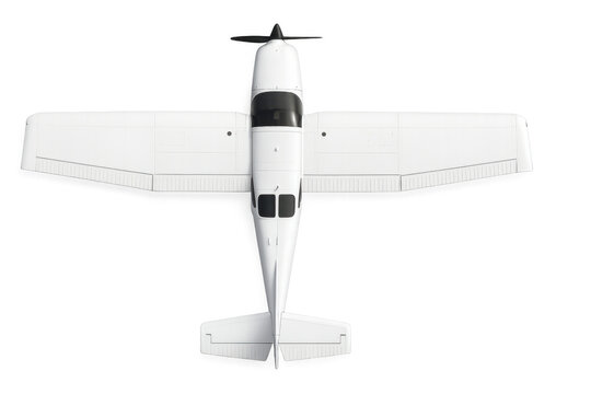 White single engine propeller airplane with a black propeller and windows flying, top down view, transparent background
