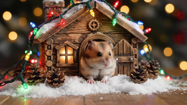 Two playful hamsters emerge from their wooden cottage, surrounded by twinkling lights and soft snow. Their curious adventure brightens the holiday spirit, capturing the essence of joy.