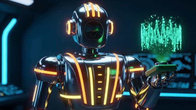 Cutting-edge Artificial Intelligence Bot displays complex data visualization and auditory analysis via holographic interface, maximizing productivity and scientific innovation in future labs.
