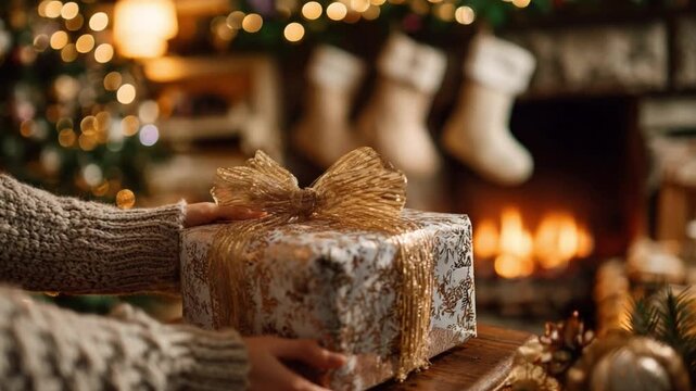 Holiday Gift with fire background: A hand gracefully presents a beautifully wrapped holiday gift, its golden bow shimmering against the warm glow of a crackling fireplace, the scene embodies comfort.