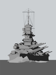 A grayscale silhouette of a battleship at sea with its main guns deployed and ready to fire. Vector illustration for your naval battle-themed illustrations.
