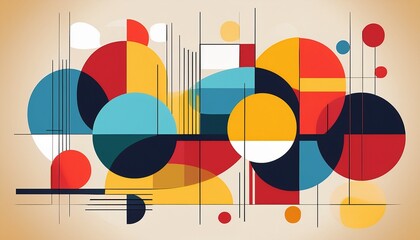geometric abstraction with overlapping circles and rectangles in primary colors