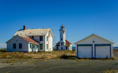 Historic lighthouse and keepers house at Fort Worden State Park in Washington