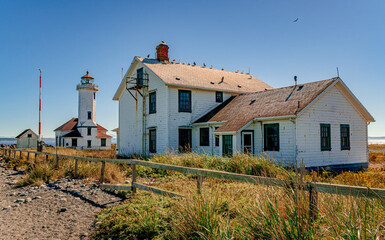Historic lighthouse and keepers house at Fort Worden State Park in Washington