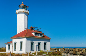Historic lighthouse and keepers house at Fort Worden State Park in Washington