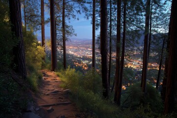 Obraz premium Walking Path in the Forest With City Lights Visible in the Distance at Dusk
