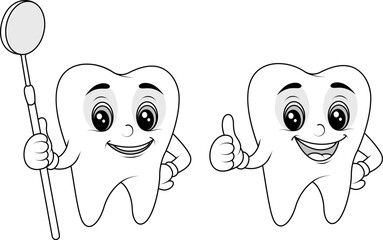 Cartoon tooth characters line art set for dental coloring and education